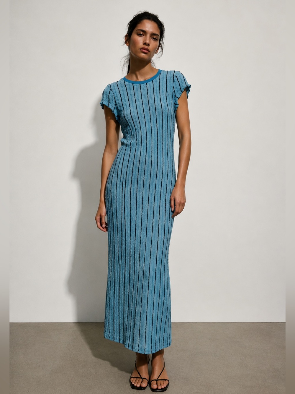 NWOT Aqua Blue Textured Stripe Maxi / Midi Dress Stretch Crinkle Knit Bodycon